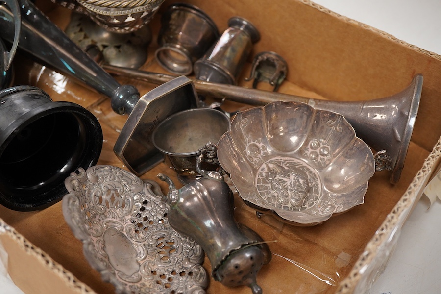 A group of assorted small silver, to include, an Edwardian miniature model of a chair, import marks for London, 1904, 41mm, together with a similar plated? unmarked table, four silver condiments, a two handled small dish